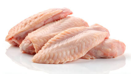 Raw chicken wings, isolated on a white background, showcasing their fresh texture and natural pinkish hue.