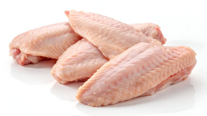 Raw chicken wings, isolated on a white background, showcasing their fresh texture and natural pinkish hue.