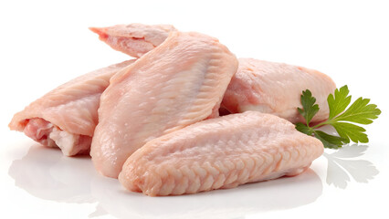 Raw chicken wings, isolated on a white background, showcasing their fresh texture and natural pinkish hue.