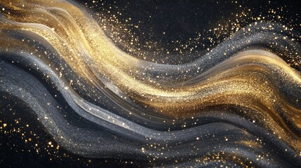 Golden and silver shimmering waves on dark background
