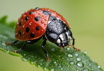 Naklejka premium A vibrant red and black ladybug with white stripes and black spots is perched on a green leaf covered with water droplets, facing the left side and appearing to be in motion