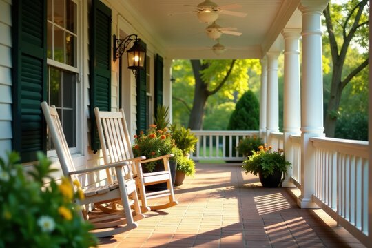 Cozy front porch, rocking chairs, Southern hospitality, vintage, home exterior