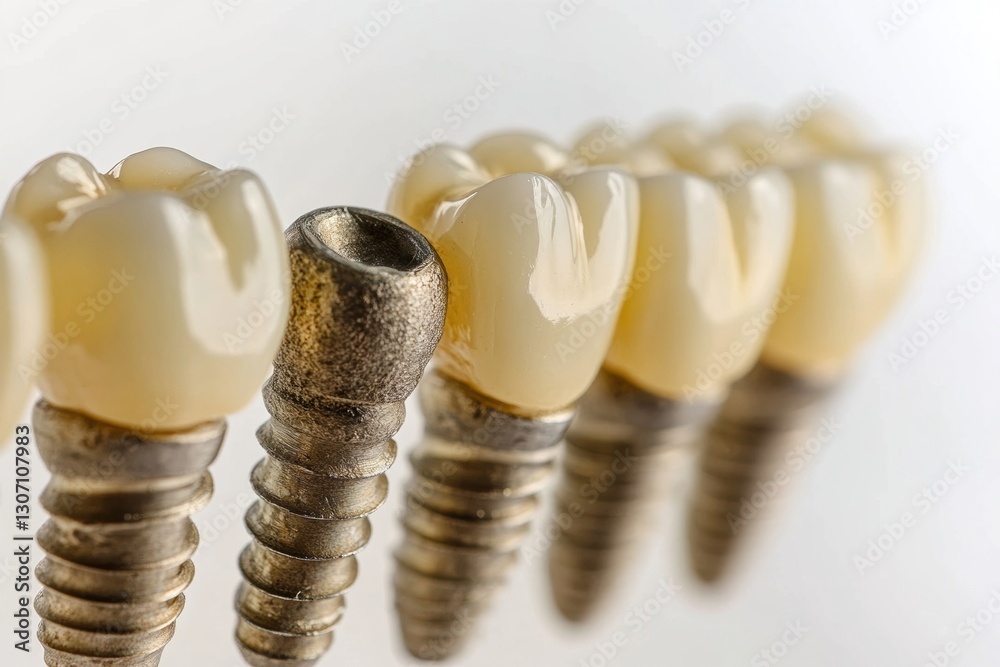 Poster high quality dental implant showcasing intricate metal details with space for text on smooth white b