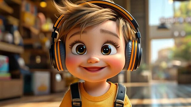 Cartoon Child with Headphones in Store