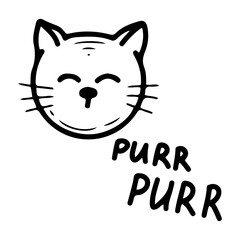 Purring kitten face. Hand drawn doodle. Cute pet. Fluffy cat. Animal, fauna. Vector line art illustration.