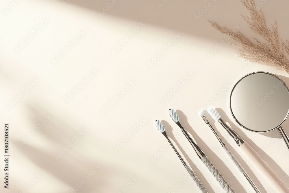 Poster Cleanly arranged dental tools on soft background for a professional dental setting with mirror, scaler, and probe Generative AI