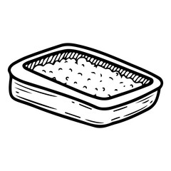 Pet toilet with filler. Hand drawn doodle. Accessory for a small dog or cat. Plastic bowl for animal excrement. Vector line art illustration.