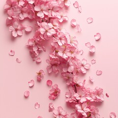 Obraz premium Delicate Pink Cherry Blossom Petals Scattered on a Soft Pink Background Creating Serenity