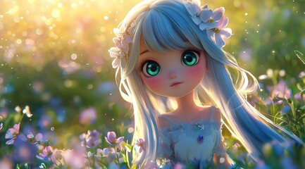 Anime girl with flower crown in a field of flowers