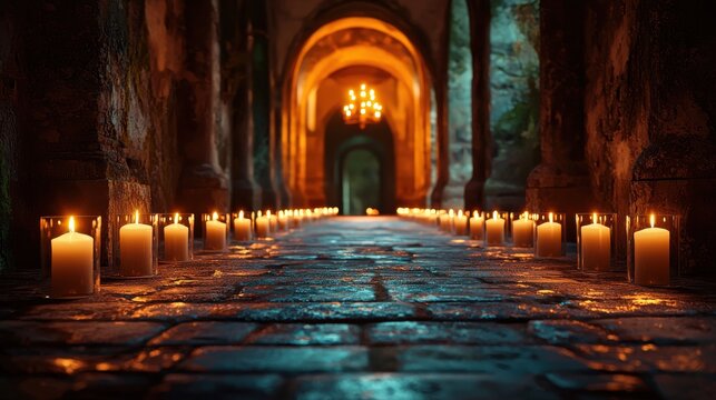 Enchanting Stone Corridor Illuminated by Candles in a Dimly Lit Ancient Setting