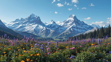 A stunning landscape featuring snow-capped mountains surrounded by a vibrant field of wildflowers under a clear blue sky.