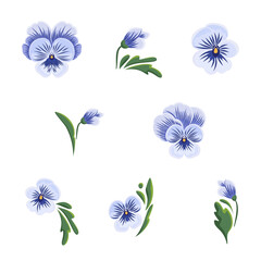 Wiosenne bratki. Ręcznie rysowane niebieskie kwiaty i zielone liście – botaniczne elementy. Ilustracja wektorowa  © Monika