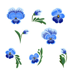 Bratki. Ręcznie rysowane niebieskie kwiaty i zielone liście – botaniczne elementy. Ilustracja wektorowa  © Monika