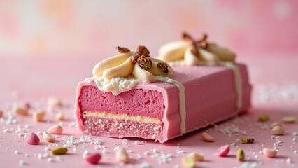 Decadent pink dessert with white chocolate and nuts