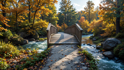 A serene wooden bridge crosses a gentle stream amidst vibrant autumn foliage, creating a picturesque scene of nature's beauty.