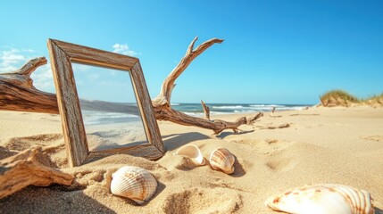 Fototapeta premium Wooden frame reflecting beach scene on sandy shore with driftwood and seashells.
