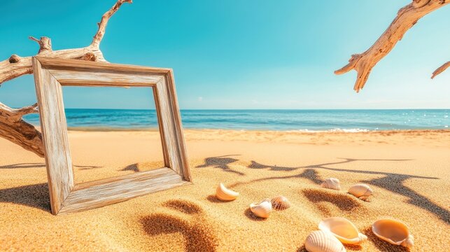 Empty wooden frame on sandy beach with seashells and driftwood, summer vacation concept.