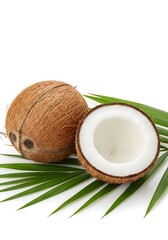 Fresh Coconut halves with palm leaf on white background