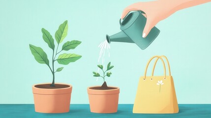 A hand pours water from a can onto a plant, promoting growth and nurturing nature.