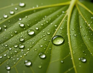A close-up image of a green leaf with water droplets, set against a blurred background, showcases the leaf's intricate veins and reflections
