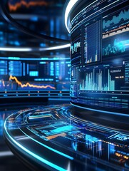 Futuristic financial data hub with glowing blue monitors and complex graphs.