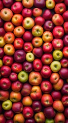 Vibrant display of 75000 apples arranged in artistic rows showcasing diverse colors in a spacious, warmly lit setting