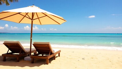 Tranquil Beach Chairs Under Umbrella Overlooking the Sea
