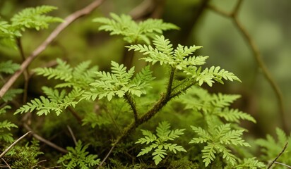 A close-up image of a vibrant green fern plant with narrow, pointed leaves, surrounded by mossy branches and a blurred background, captures the essence of nature's beauty