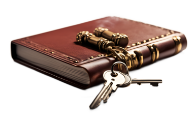 A locked diary with a small key attached representing privacy and secrecy, isolated on a empty plain background