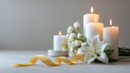 Elegant candles with flowers and ribbon create a serene atmosphere for a peaceful evening or special occasion setting