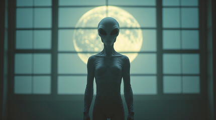 Mysterious figure stands against a full moon backdrop in a dimly lit room