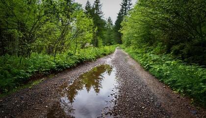 reflective puddles on a gravel path surrounded by lush greenery on a rainy spring day
