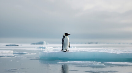 Obraz premium Emperor penguin stands on an ice floe in a tranquil Antarctic seascape at dusk, surrounded by a calm ocean