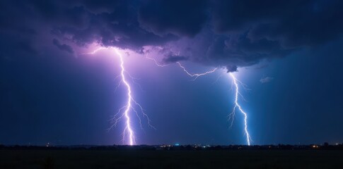Fierce lightning bolts slash across a brooding, dark sky , cloudscape, natural phenomenon