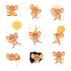 Cute cartoon mouse. Funny mice in different poses, chef, birthday party animal, looking from hole. Positive rodent with cheese, isolated classy vector characters