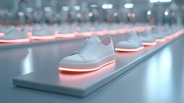 A close-up of futuristic AI-generated shoes with glowing elements, displayed in a sleek showroom, Minimalist, Digital Art. - Powered by Adobe
