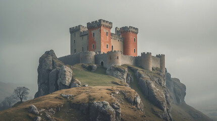 Obraz premium Majestic medieval castle perched atop rocky hill with misty landscape in the background