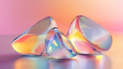Iridescent glass gems on pastel background