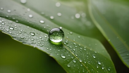 A close-up image of a green leaf with a single water droplet, reflecting the surrounding greenery, is captured from a slightly elevated angle
