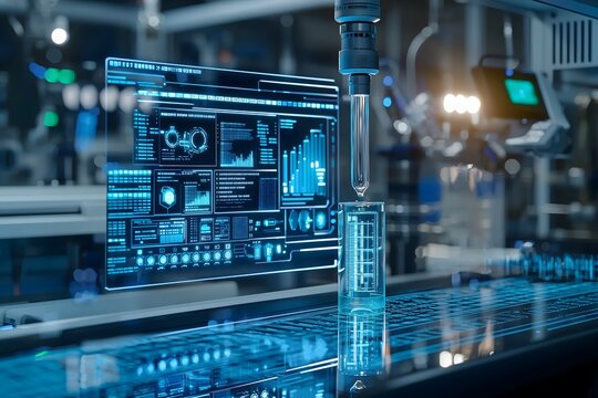 Futuristic lab with digital interfaces and robotic arm