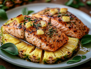 Garlic butter salmon fillet baked in pineapple