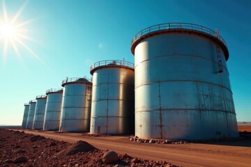 Giant metal tanks gleam under a vibrant blue sky , exterior, industry, equipment
