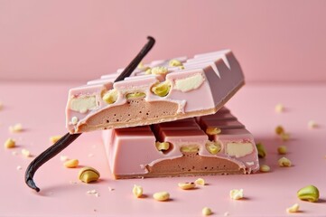Pink chocolate bars with nuts and vanilla pods on pastel background