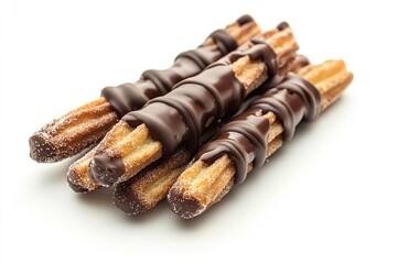 Chocolate-dipped churros with sugar coating isolated on white background 
