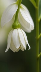 A close-up image of a single, white flower with dewdrops on its petals, hanging from a green stem, is captured from a slightly below angle, showcasing its delicate beauty and the surrounding greenery