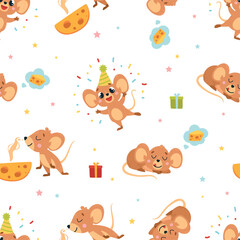 Little mouse seamless pattern. Funny mice with cheese and gifts. Cartoon animal print for fabric, wallpaper, wrapping, website, classy vector background