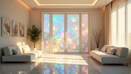 Serene Living Room with Pastel-Colored Window Feature and Sunlight Illuminating the Space