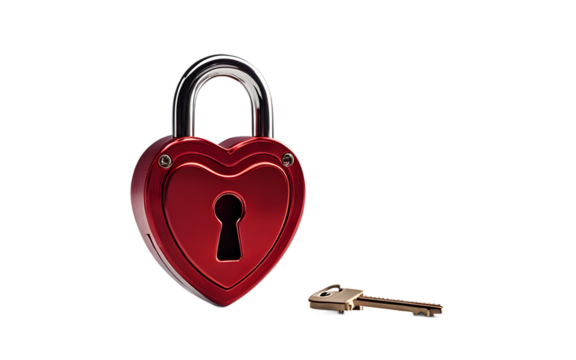 A red heart-shaped padlock symbolizing love and commitment, isolated on a empty plain background
