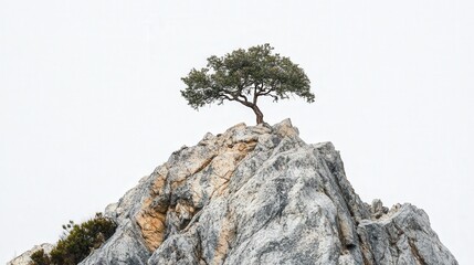 A lone tree grows atop a rugged mountain, its strength and beauty a reflection of natures persistence, framed against a white backdrop.