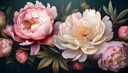 peony flowers in pink and white colors on a dark background a banner for an e commerce website generative ai